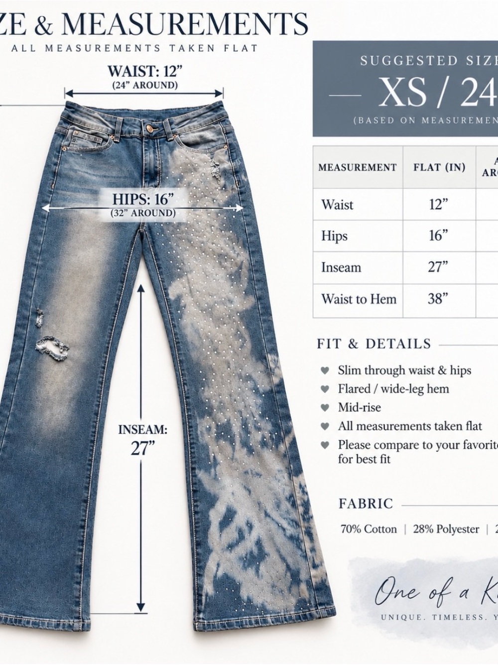 Reworked Rhinestone Artisan Bleached Distressed Wide Leg Jeans OOAK Y2K Boho XS - Picture 7 of 14